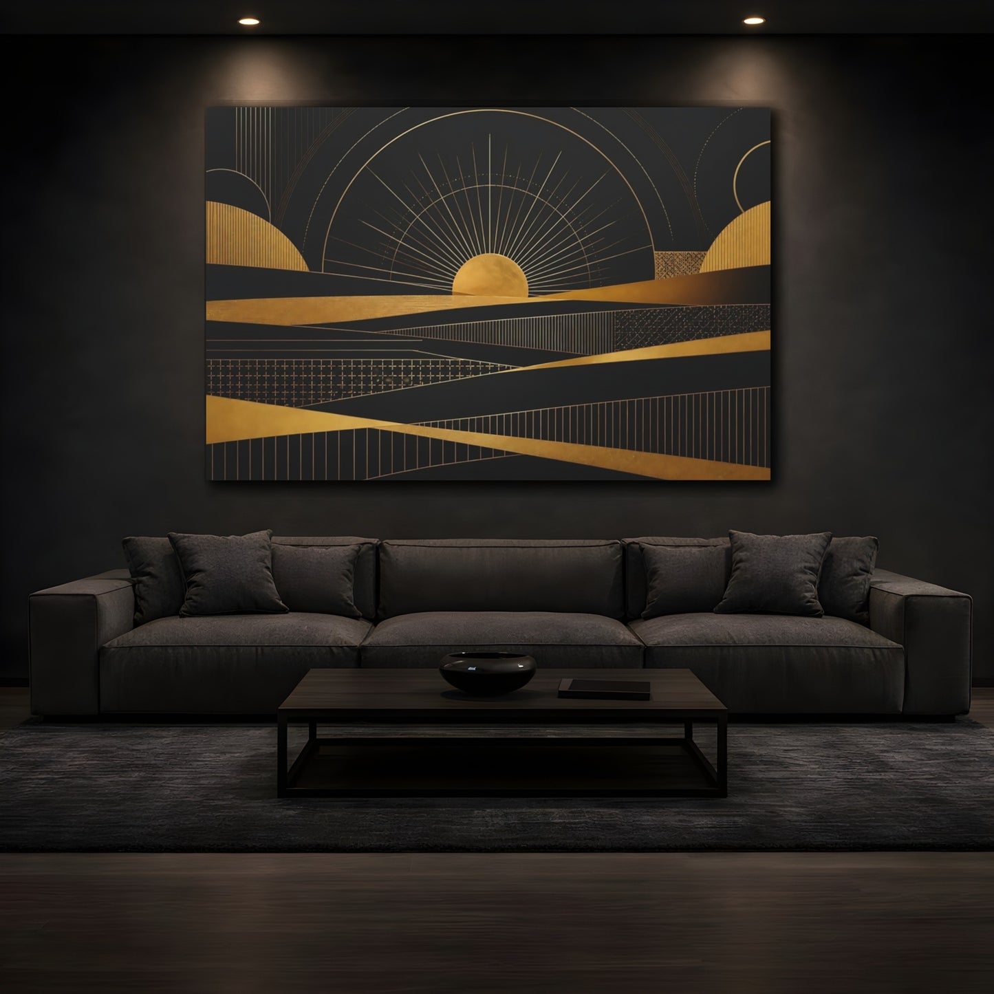 Mockup 3. Golden Sun Geometry shown as canvas print