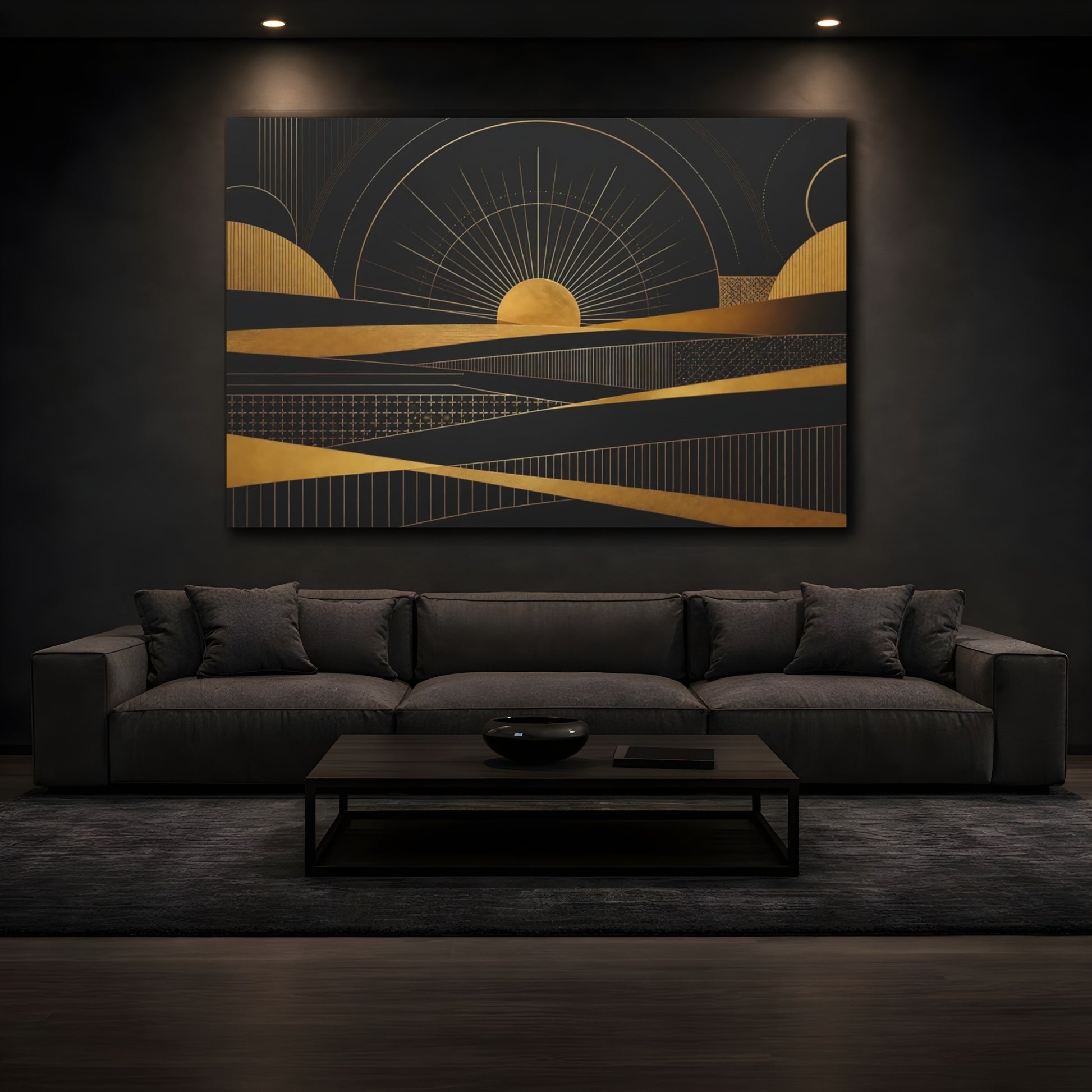 Mockup 3. Golden Sun Geometry shown as canvas print