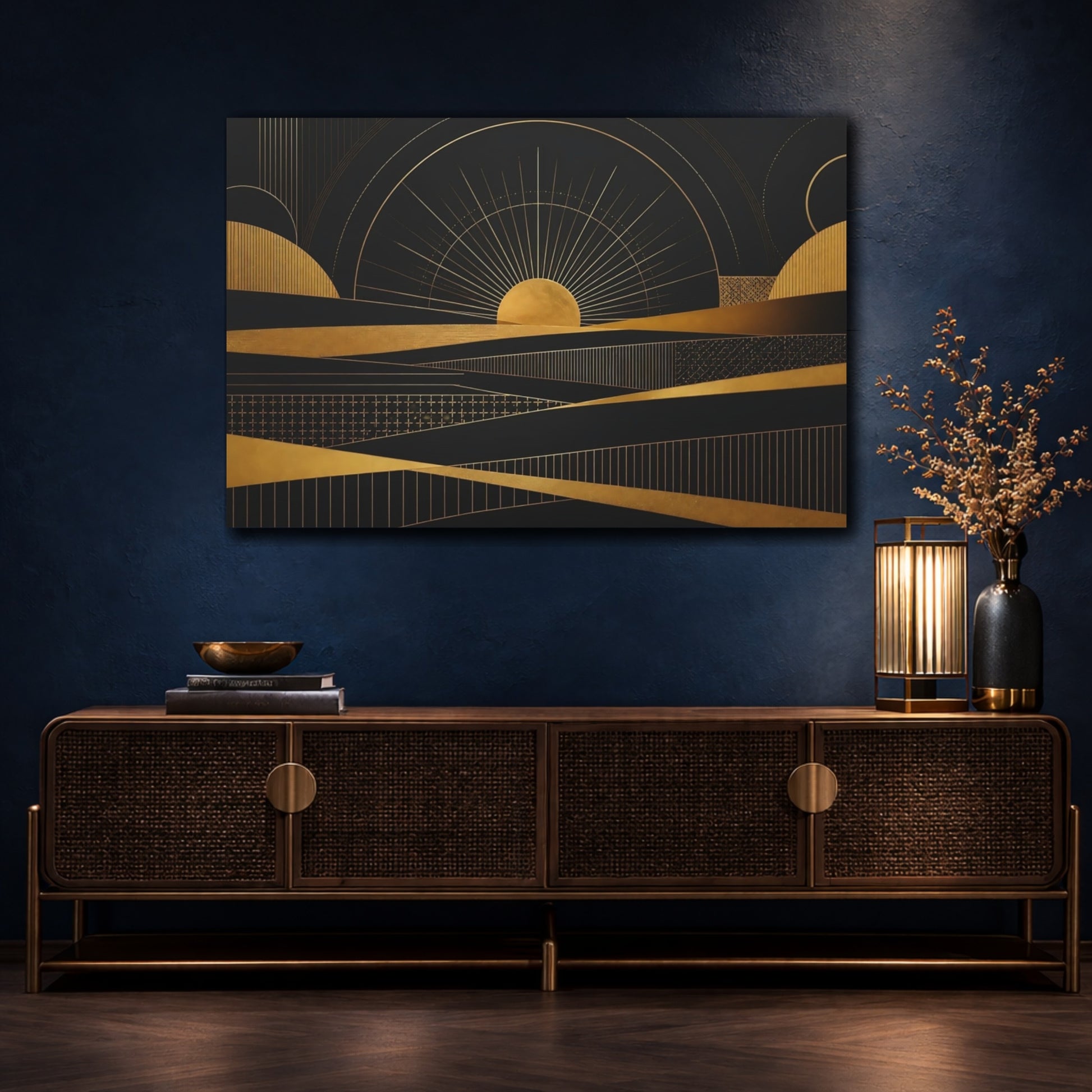 Mockup 4. Golden Sun Geometry shown as canvas print