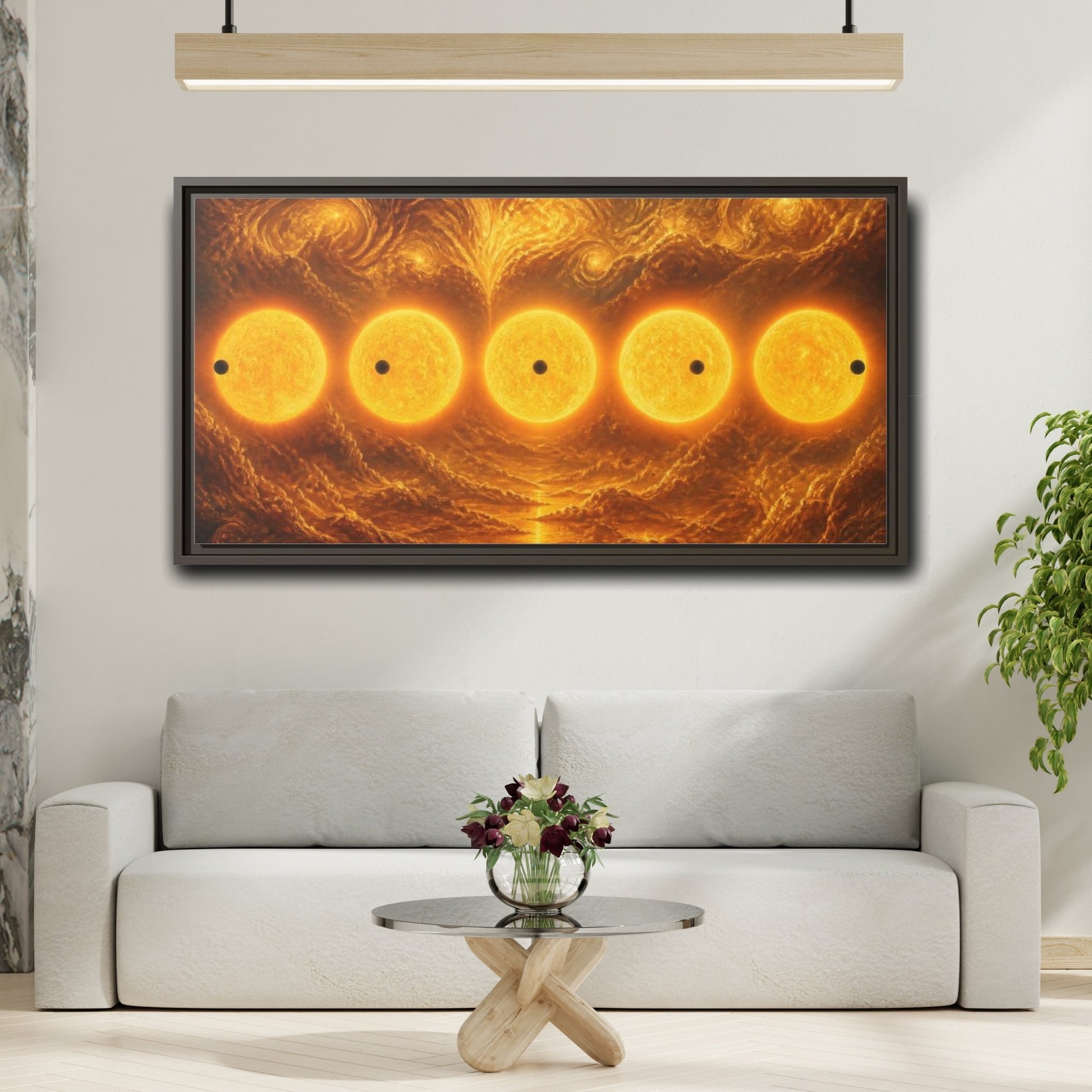 Mockup 2. Golden Sun Transit shown as framed canvas print