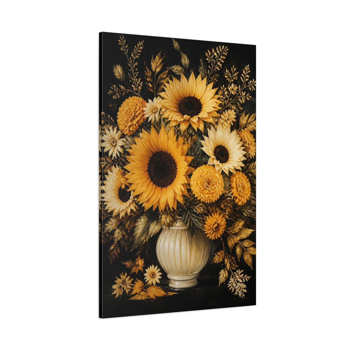 Side Mockup 1. Golden Sunflower Bouquet shown as canvas print