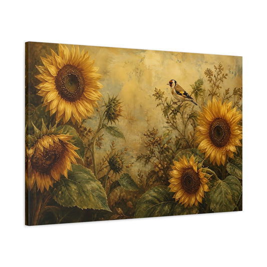 Main Mockup. Golden Sunflowers And Goldfinch shown as canvas print