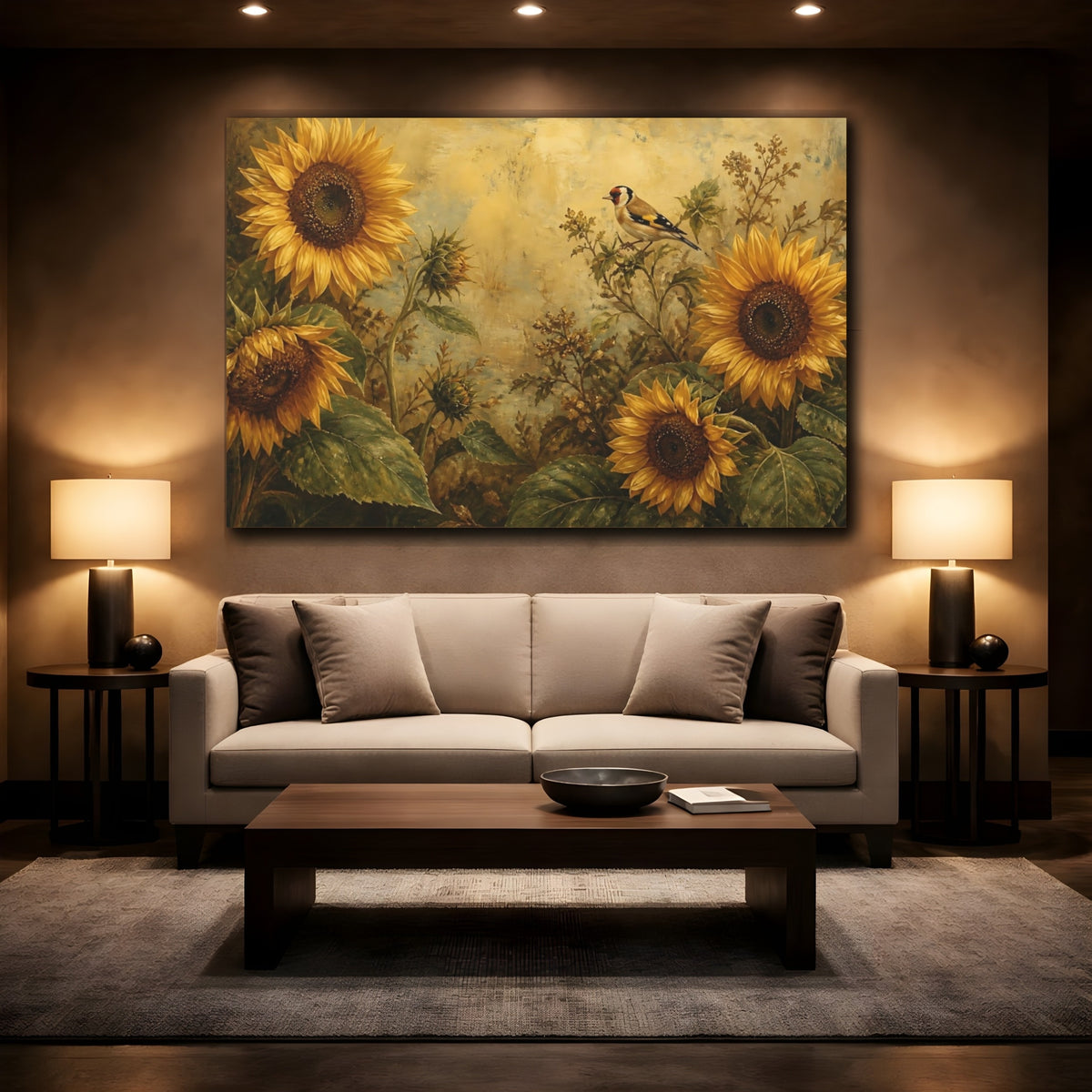 Mockup 2. Golden Sunflowers And Goldfinch shown as canvas print