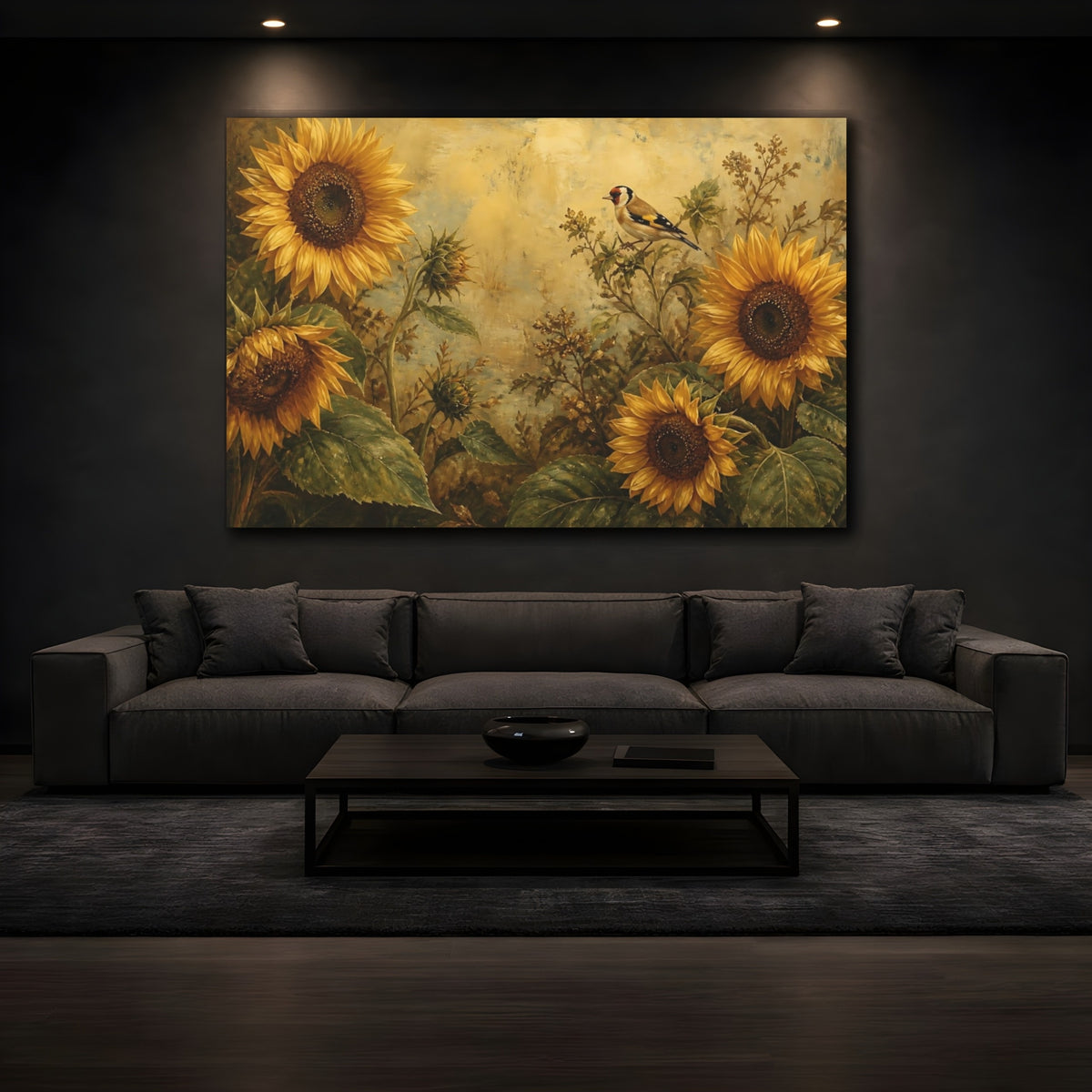 Mockup 3. Golden Sunflowers And Goldfinch shown as canvas print