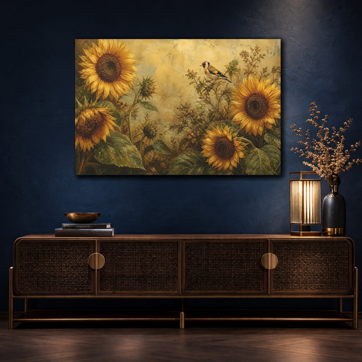 Mockup 4. Golden Sunflowers And Goldfinch shown as canvas print