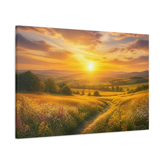 Main Mockup. Golden Sunrise Meadow shown as canvas print