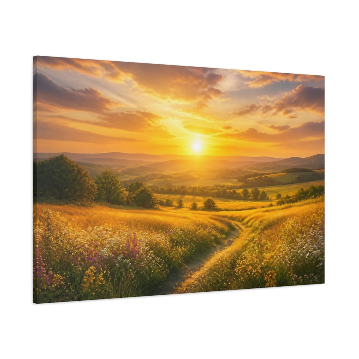 Side Mockup 1. Golden Sunrise Meadow shown as canvas print
