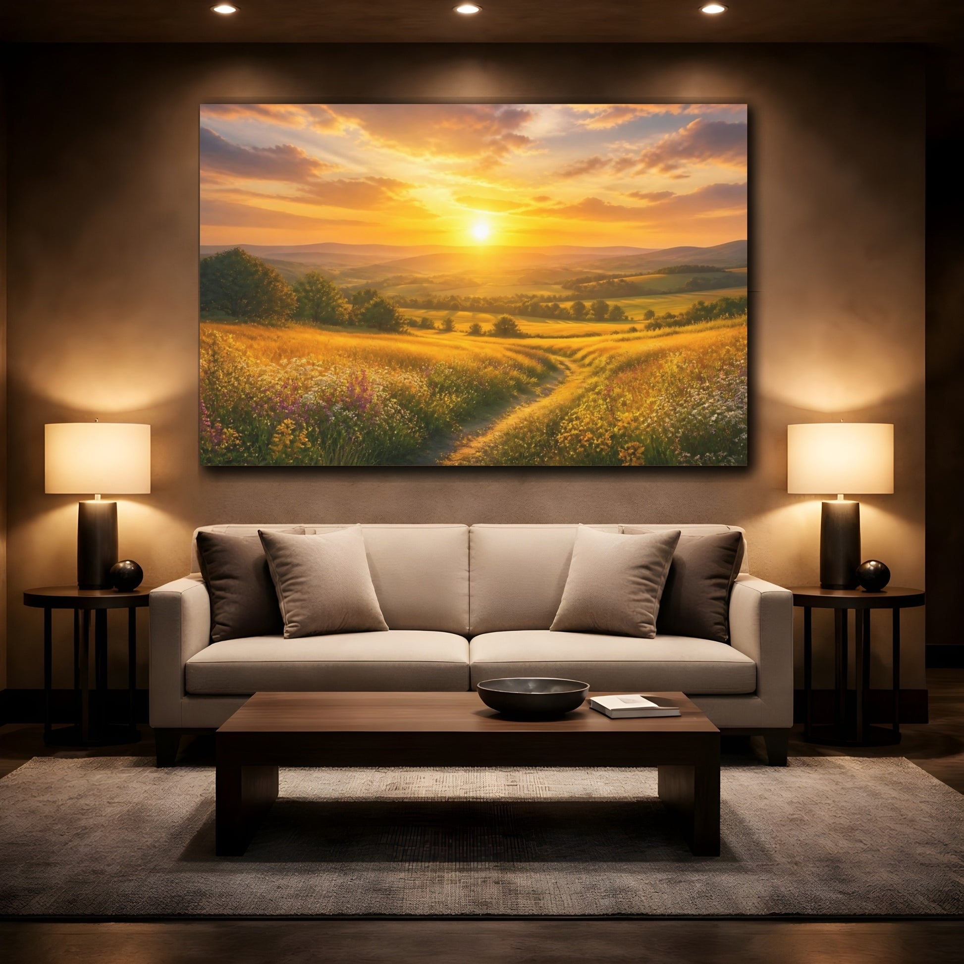 Mockup 2. Golden Sunrise Meadow shown as canvas print