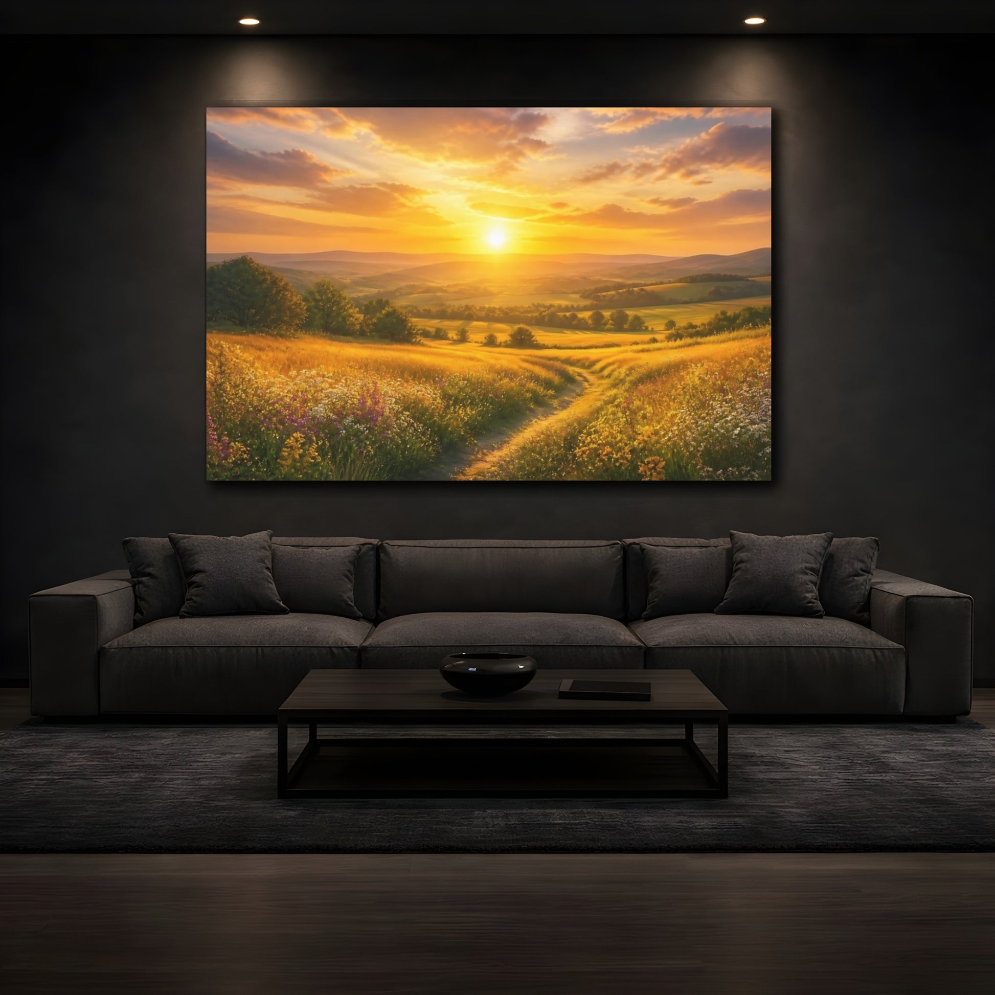 Mockup 3. Golden Sunrise Meadow shown as canvas print