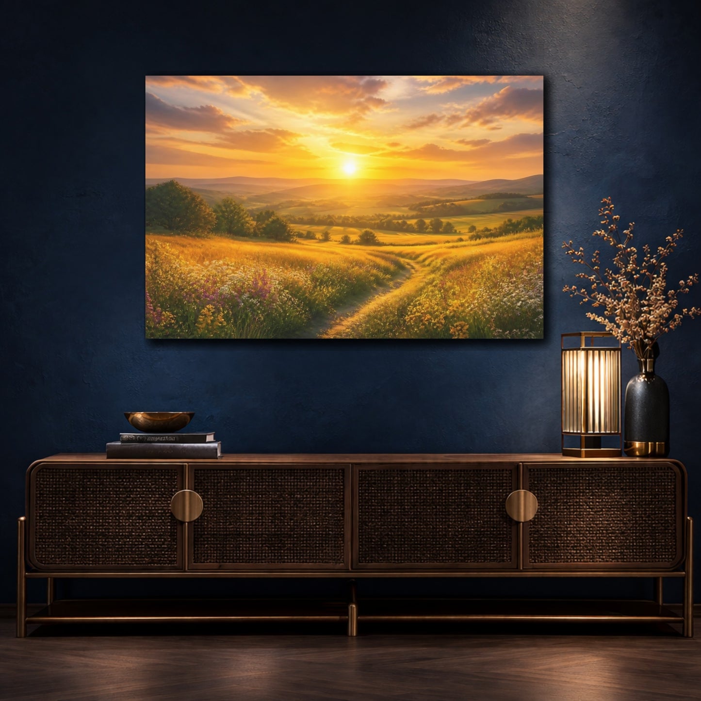 Mockup 4. Golden Sunrise Meadow shown as canvas print