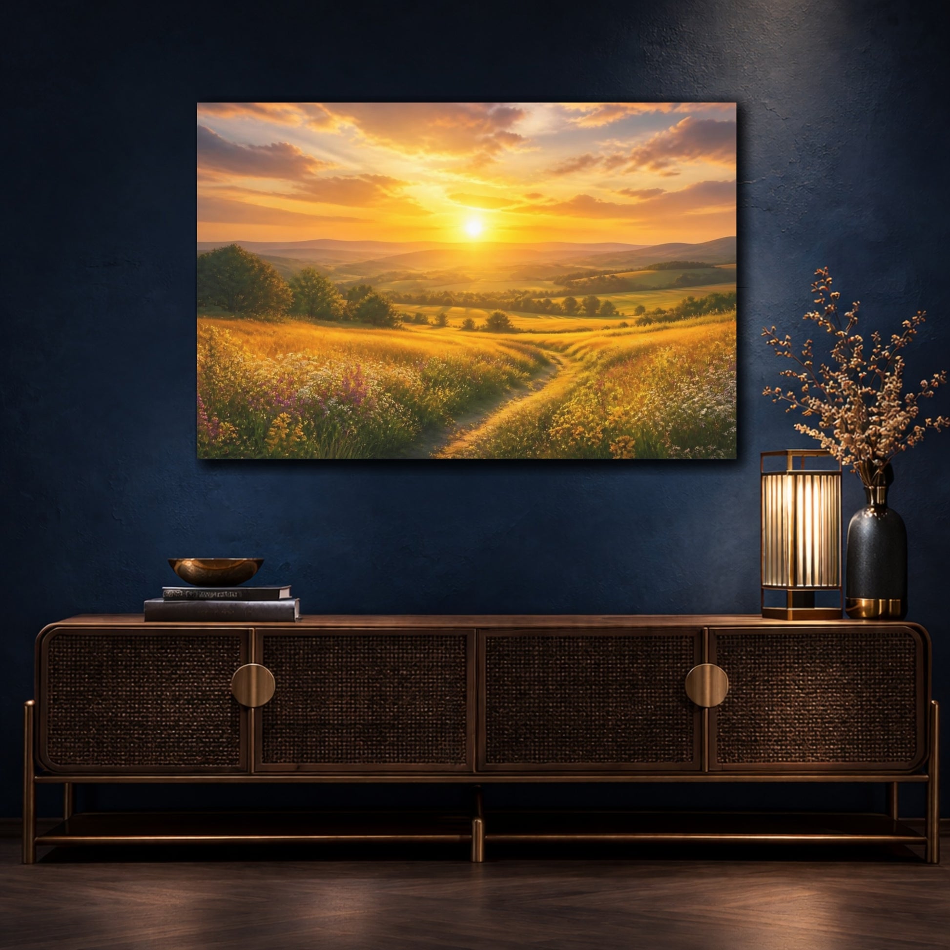 Mockup 4. Golden Sunrise Meadow shown as canvas print