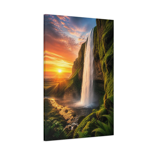 Main Mockup. Golden Sunset Waterfall shown as canvas print