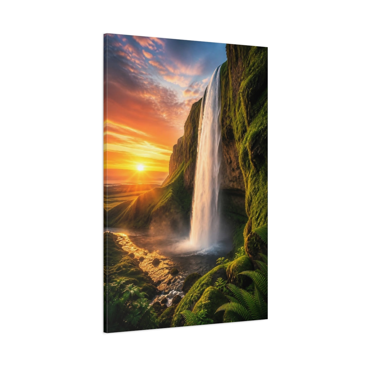 Side Mockup 1. Golden Sunset Waterfall shown as canvas print