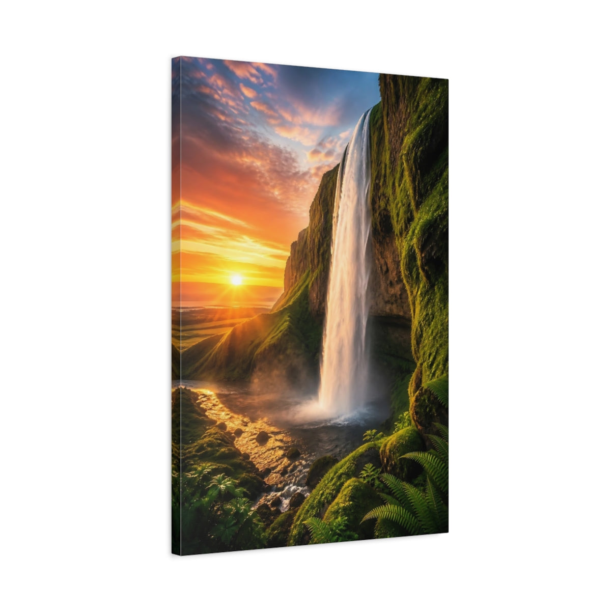Side Mockup 2. Golden Sunset Waterfall shown as canvas print