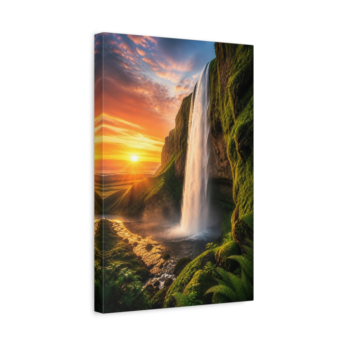 Side Mockup 4. Golden Sunset Waterfall shown as canvas print