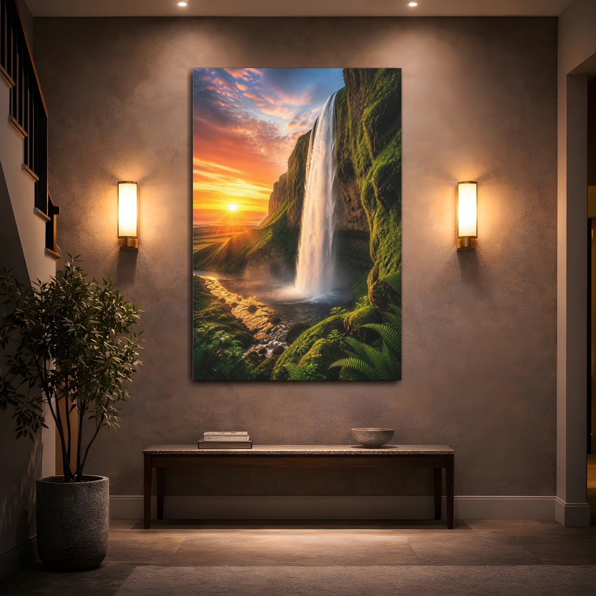 Mockup 2. Golden Sunset Waterfall shown as canvas print