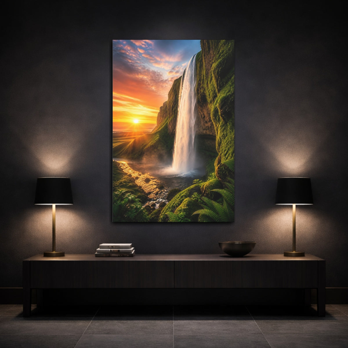 Mockup 3. Golden Sunset Waterfall shown as canvas print
