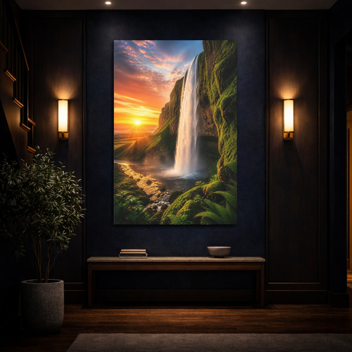 Mockup 4. Golden Sunset Waterfall shown as canvas print