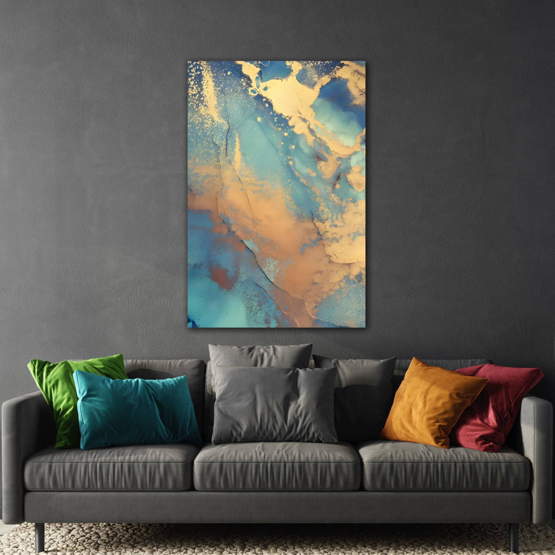 Golden Swirls on Azure - Modern Blue and Gold Abstract Canvas Wall Art Print