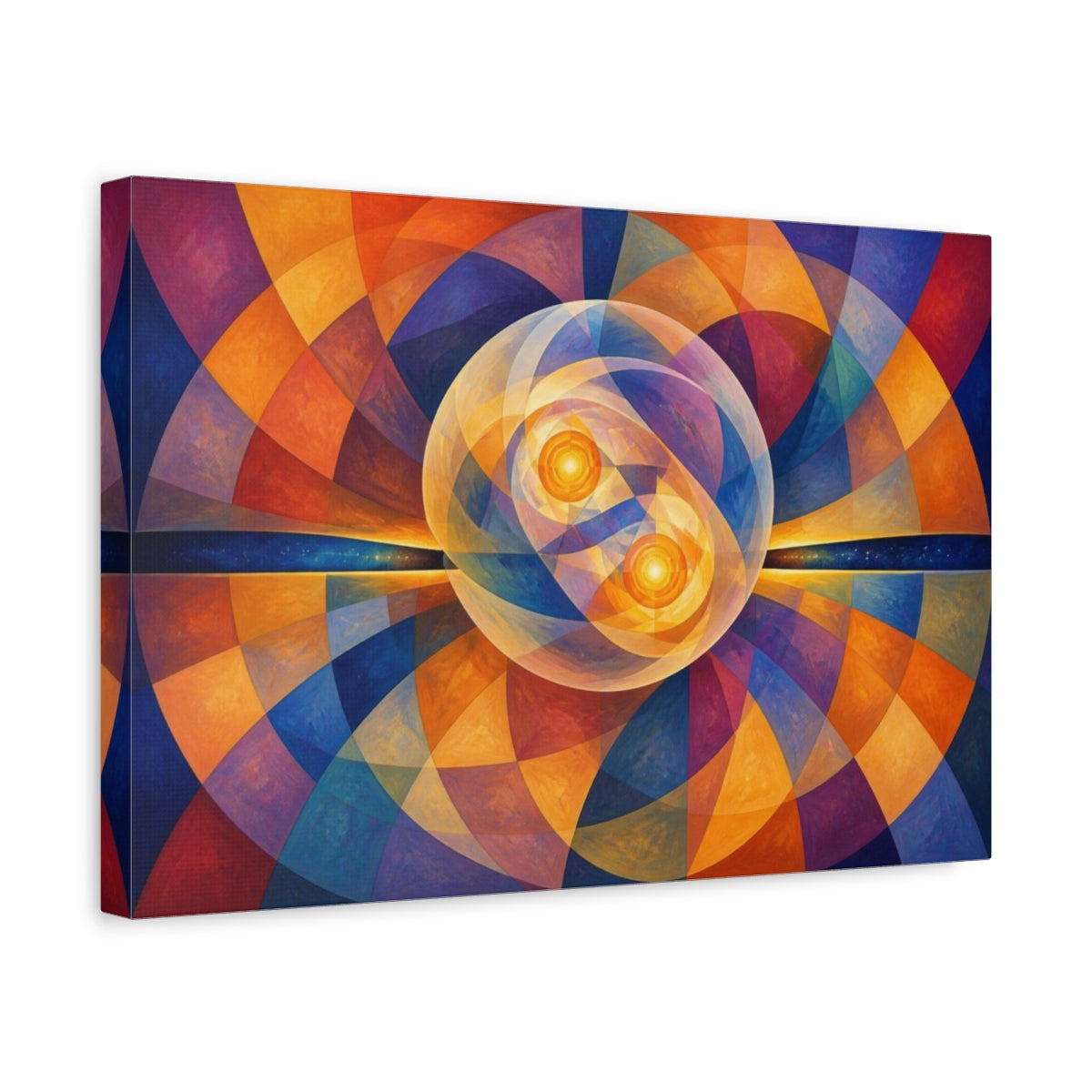 Side Mockup 4. Golden Twin Orbs shown as canvas print