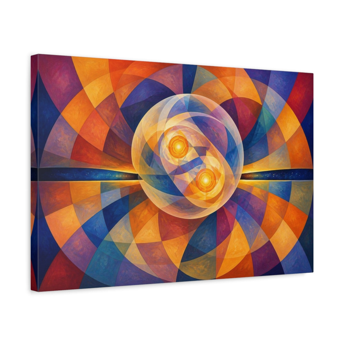 Side Mockup 3. Golden Twin Orbs shown as canvas print