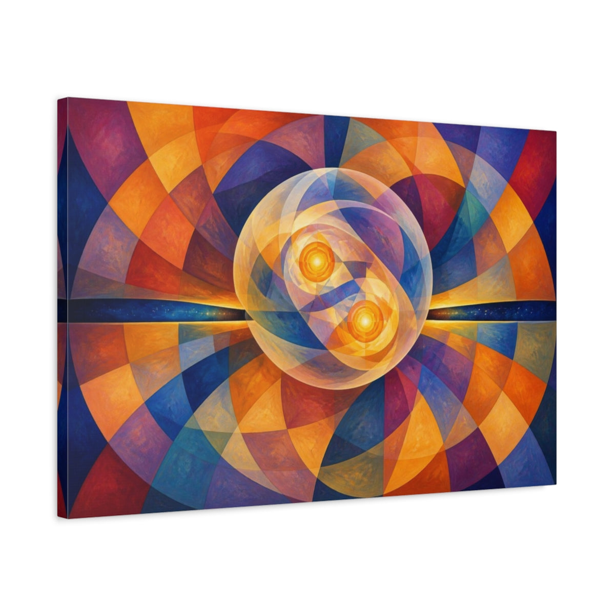 Side Mockup 2. Golden Twin Orbs shown as canvas print