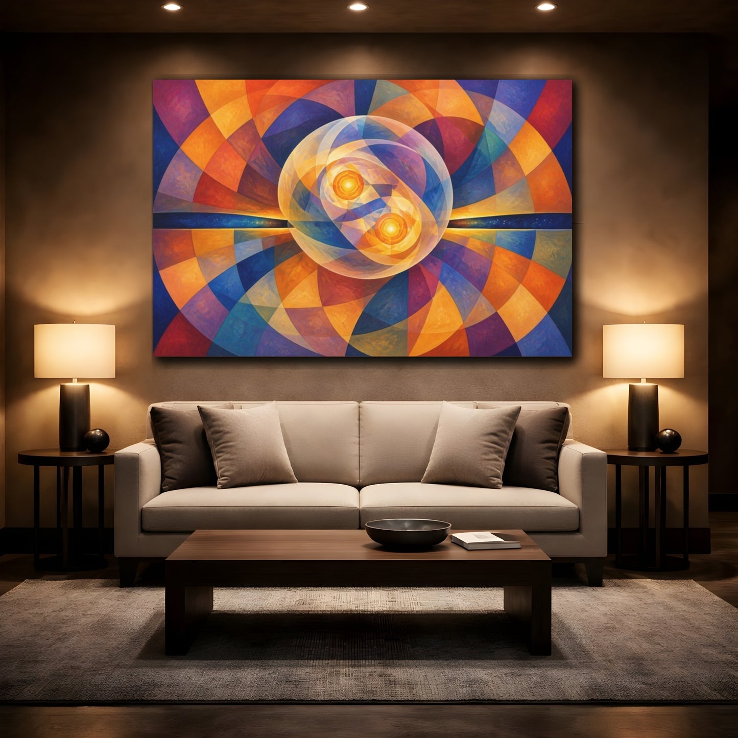 Mockup 2. Golden Twin Orbs shown as canvas print