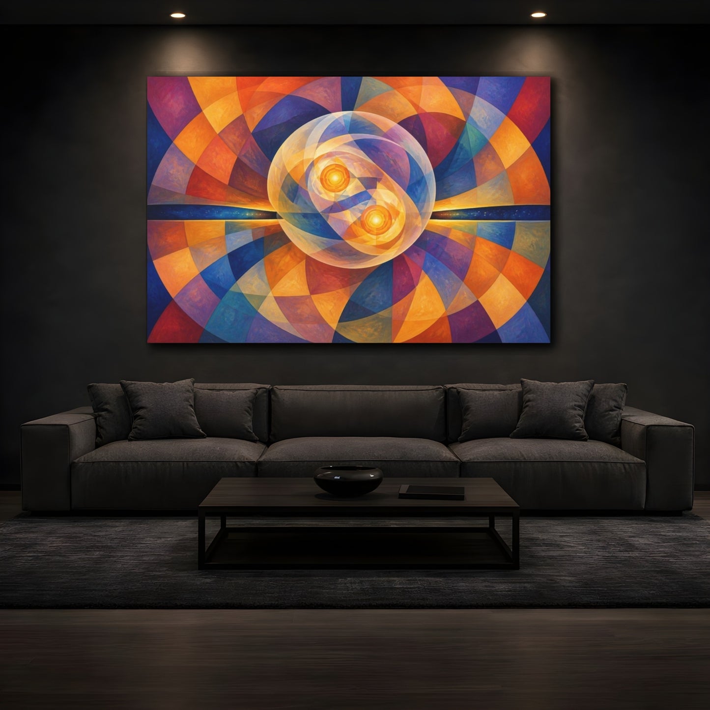Mockup 3. Golden Twin Orbs shown as canvas print