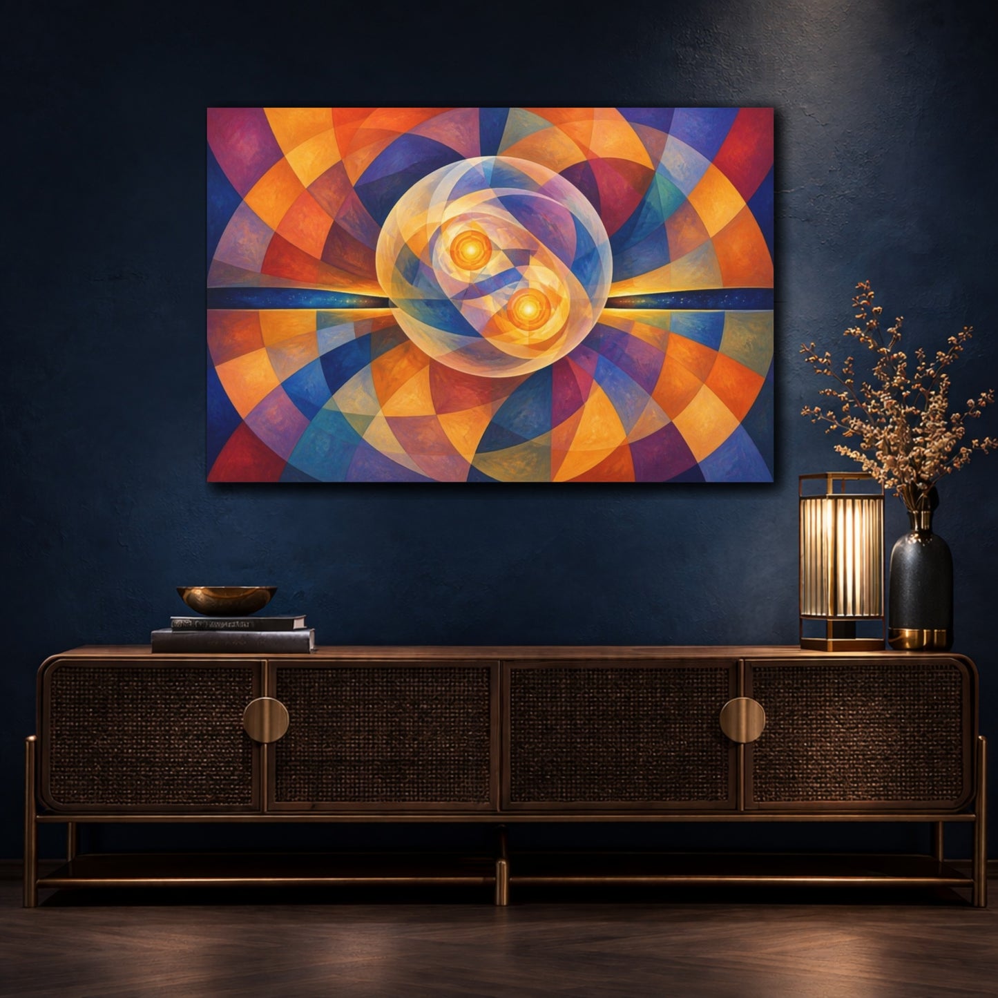 Mockup 4. Golden Twin Orbs shown as canvas print
