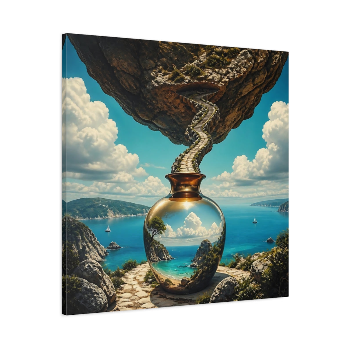 Main Mockup. Golden Vase Coastal Reflection shown as canvas print