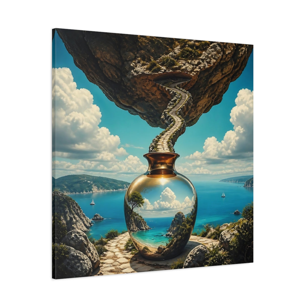 Side Mockup 1. Golden Vase Coastal Reflection shown as canvas print