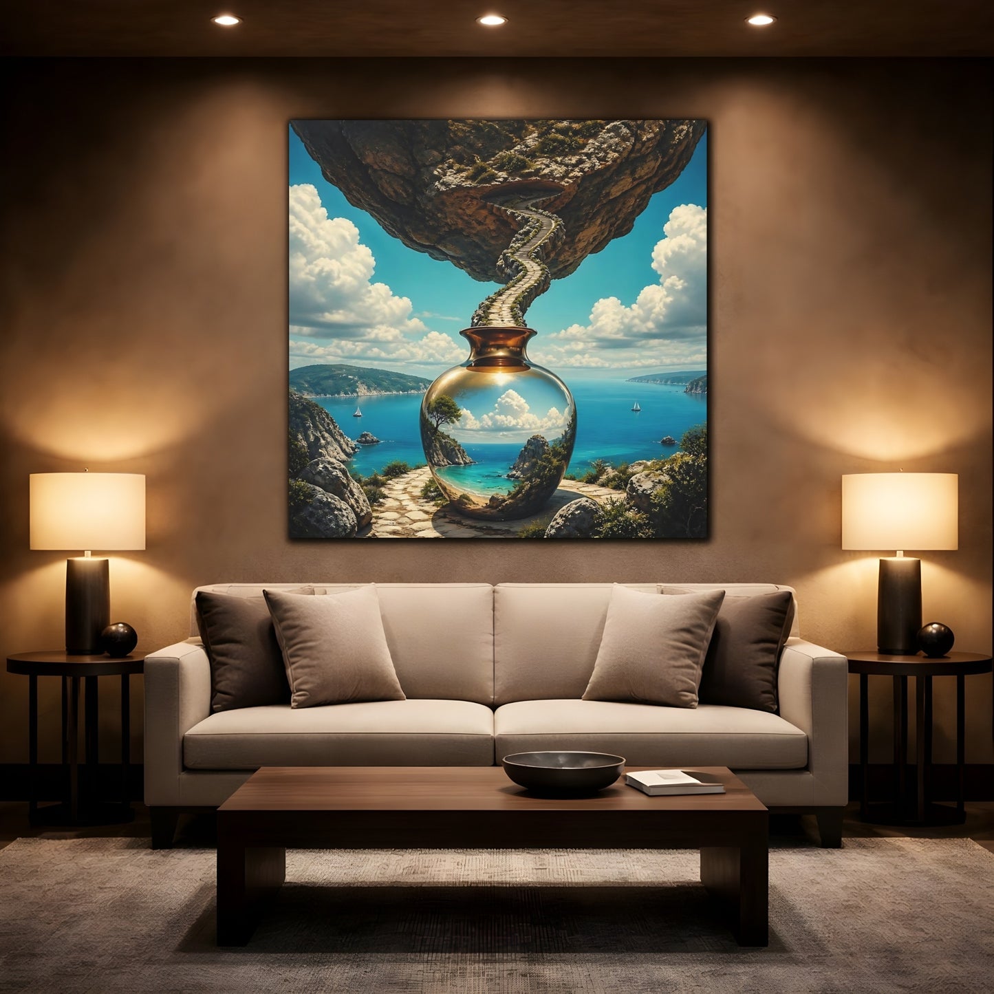 Mockup 2. Golden Vase Coastal Reflection shown as canvas print