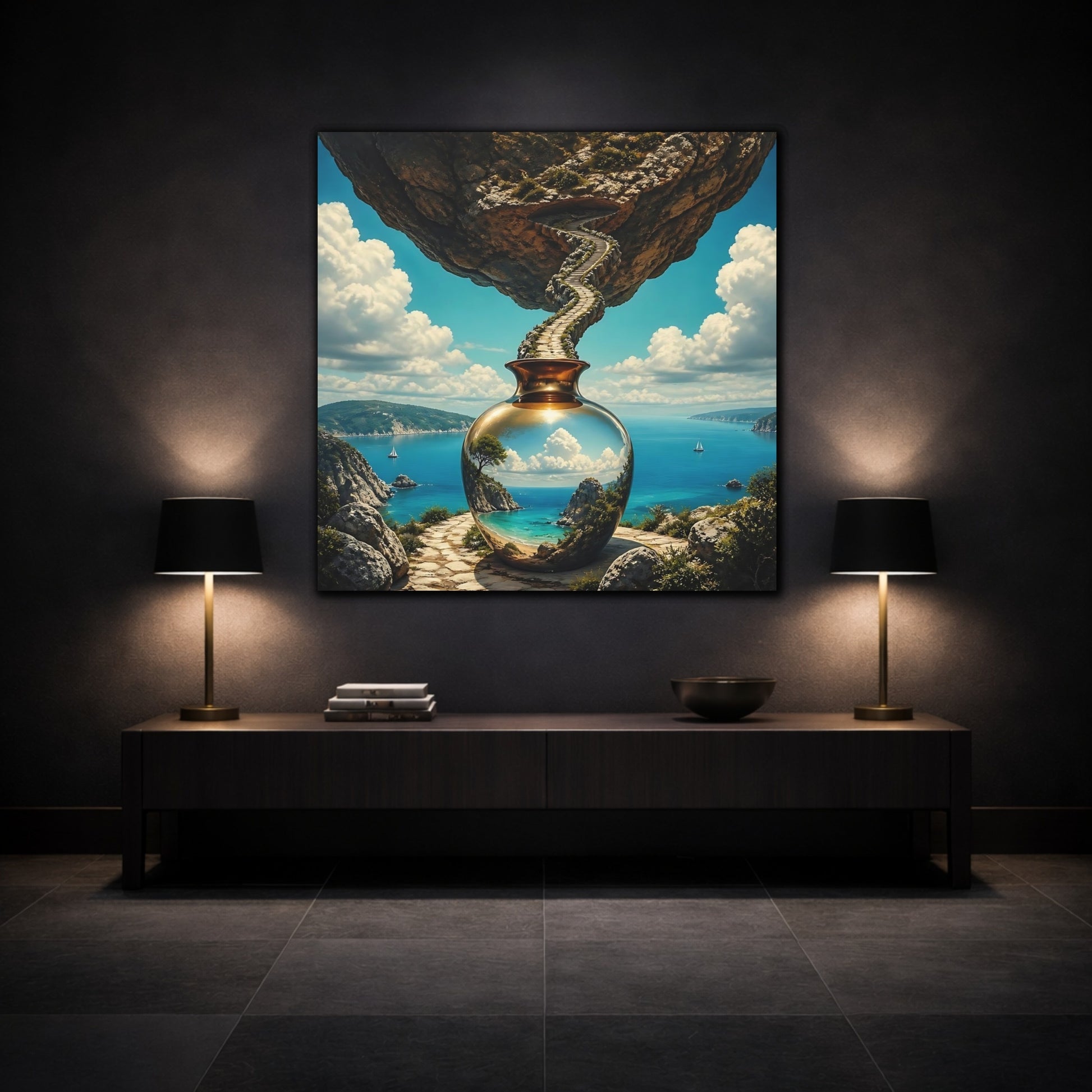 Mockup 3. Golden Vase Coastal Reflection shown as canvas print