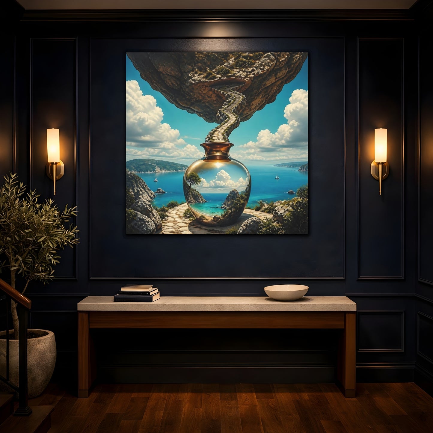 Mockup 4. Golden Vase Coastal Reflection shown as canvas print