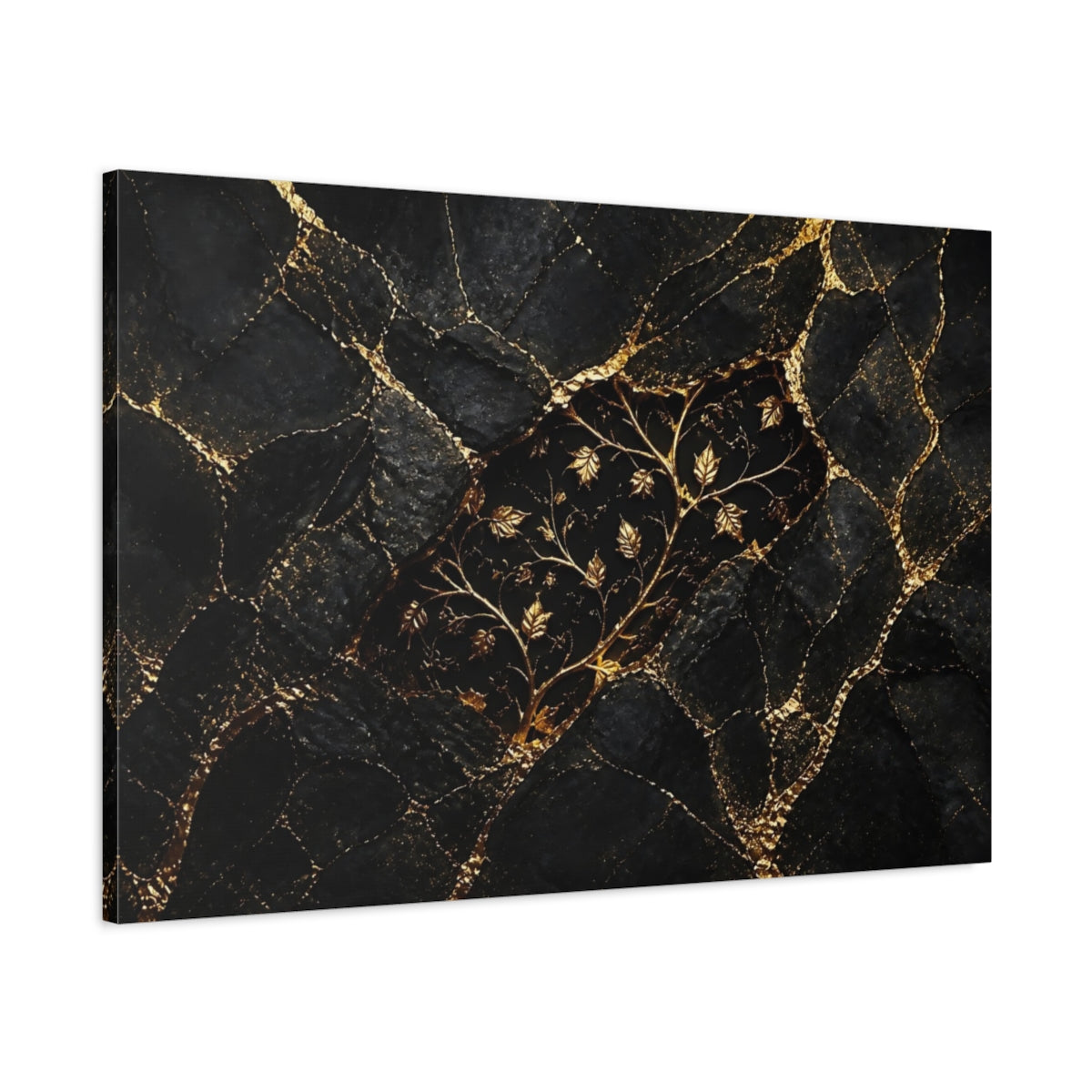 Main Mockup. Golden Vine On Black Marble shown as canvas print