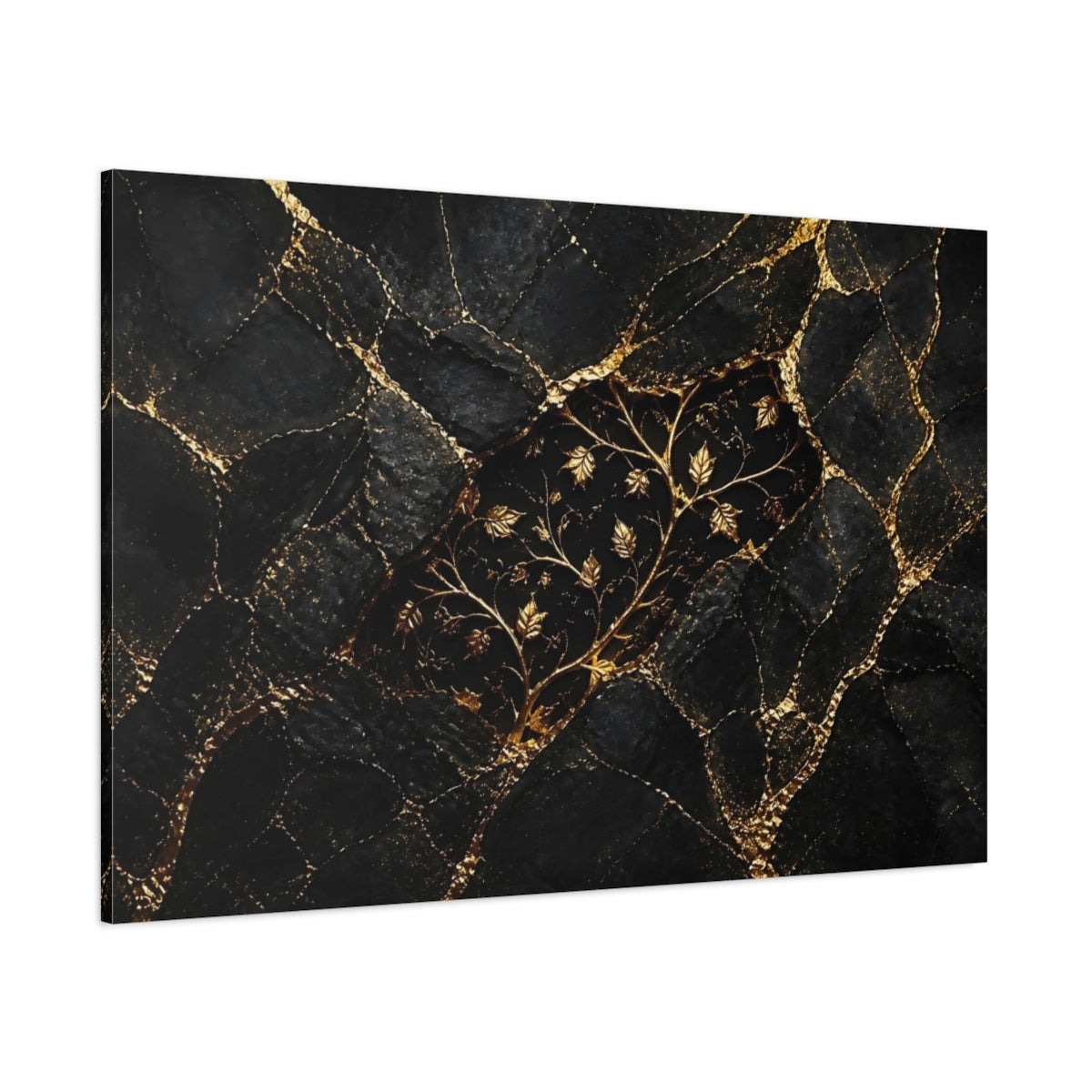 Side Mockup 1. Golden Vine On Black Marble shown as canvas print