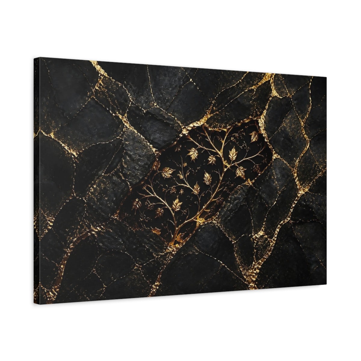 Side Mockup 2. Golden Vine On Black Marble shown as canvas print