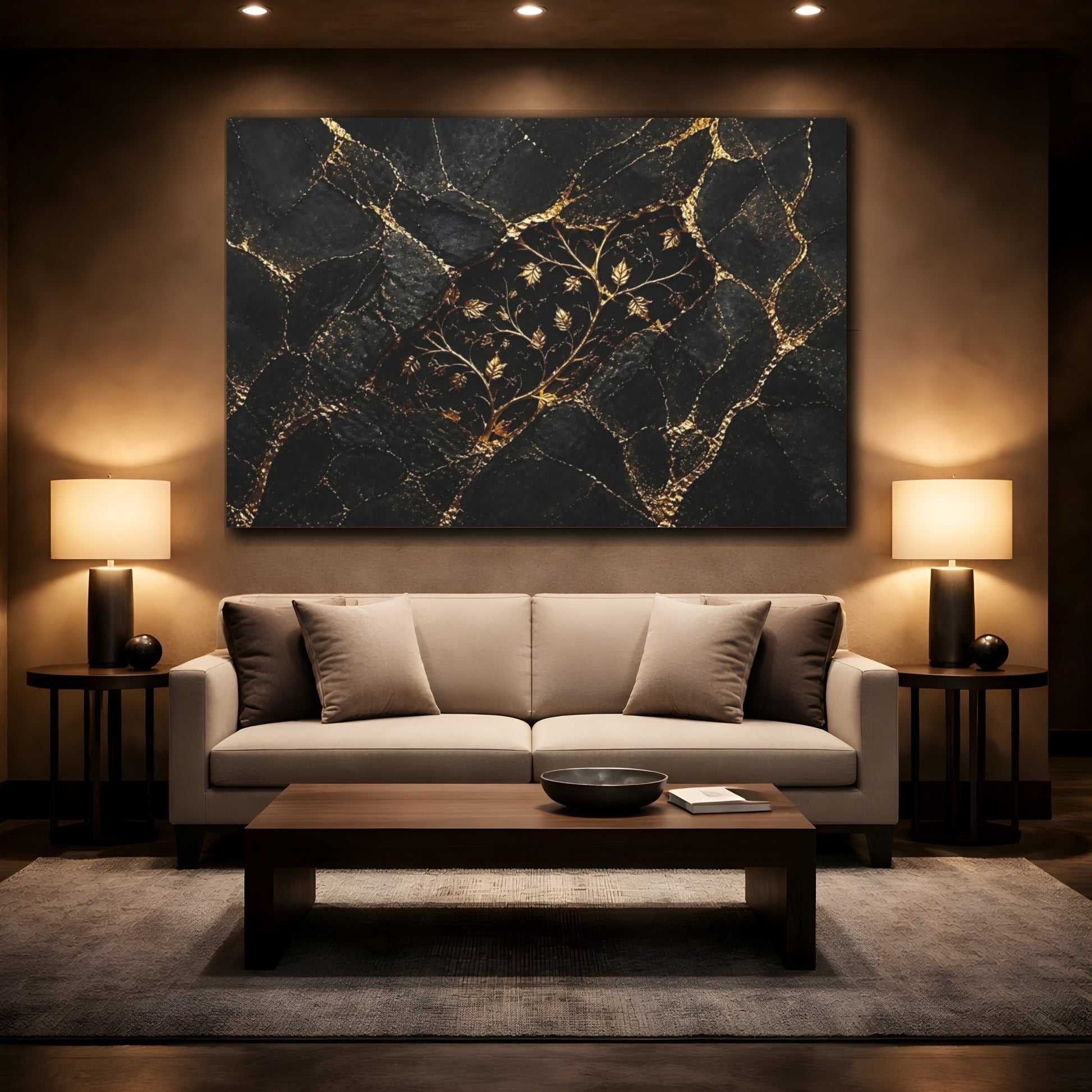 Mockup 2. Golden Vine On Black Marble shown as canvas print