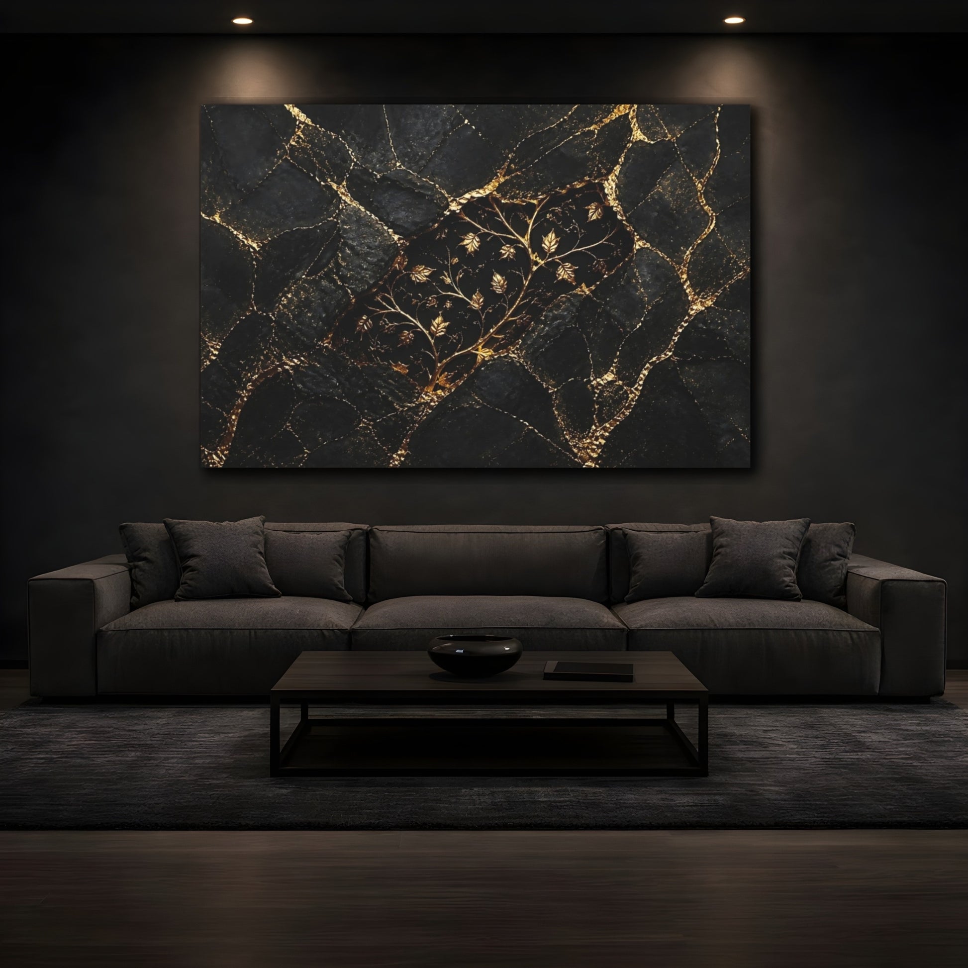 Mockup 3. Golden Vine On Black Marble shown as canvas print