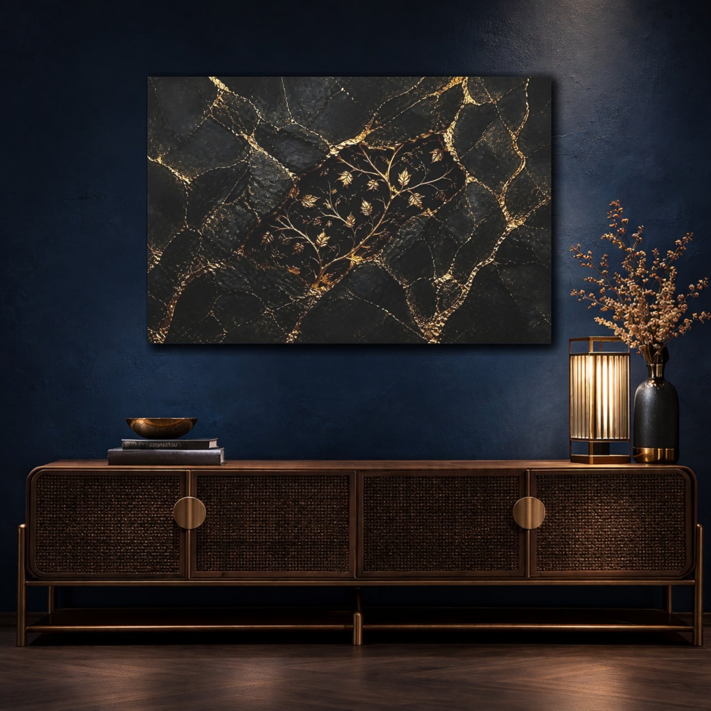 Mockup 4. Golden Vine On Black Marble shown as canvas print