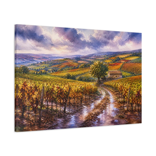 Main Mockup. Golden Vineyards After Rain shown as canvas print