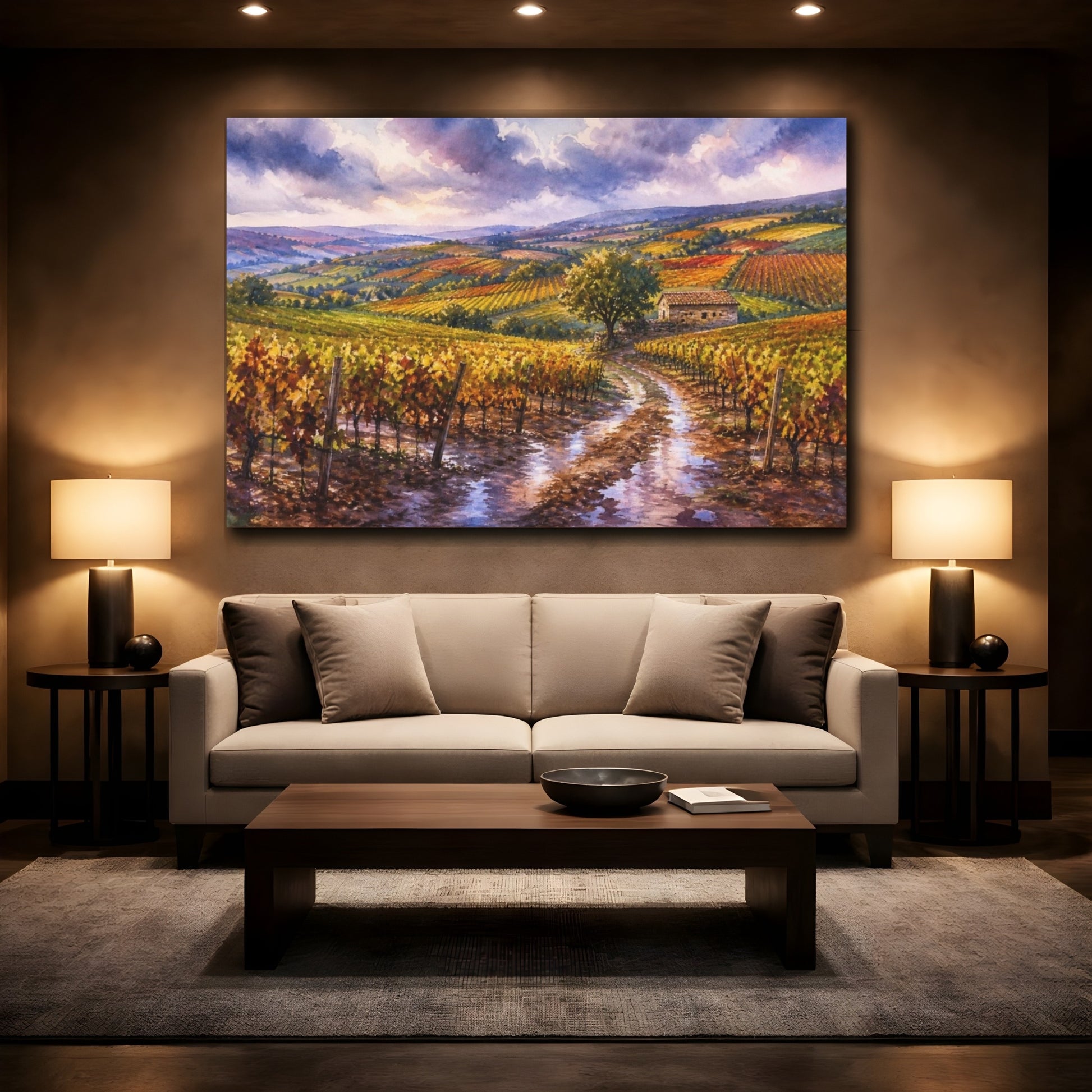 Mockup 2. Golden Vineyards After Rain shown as canvas print
