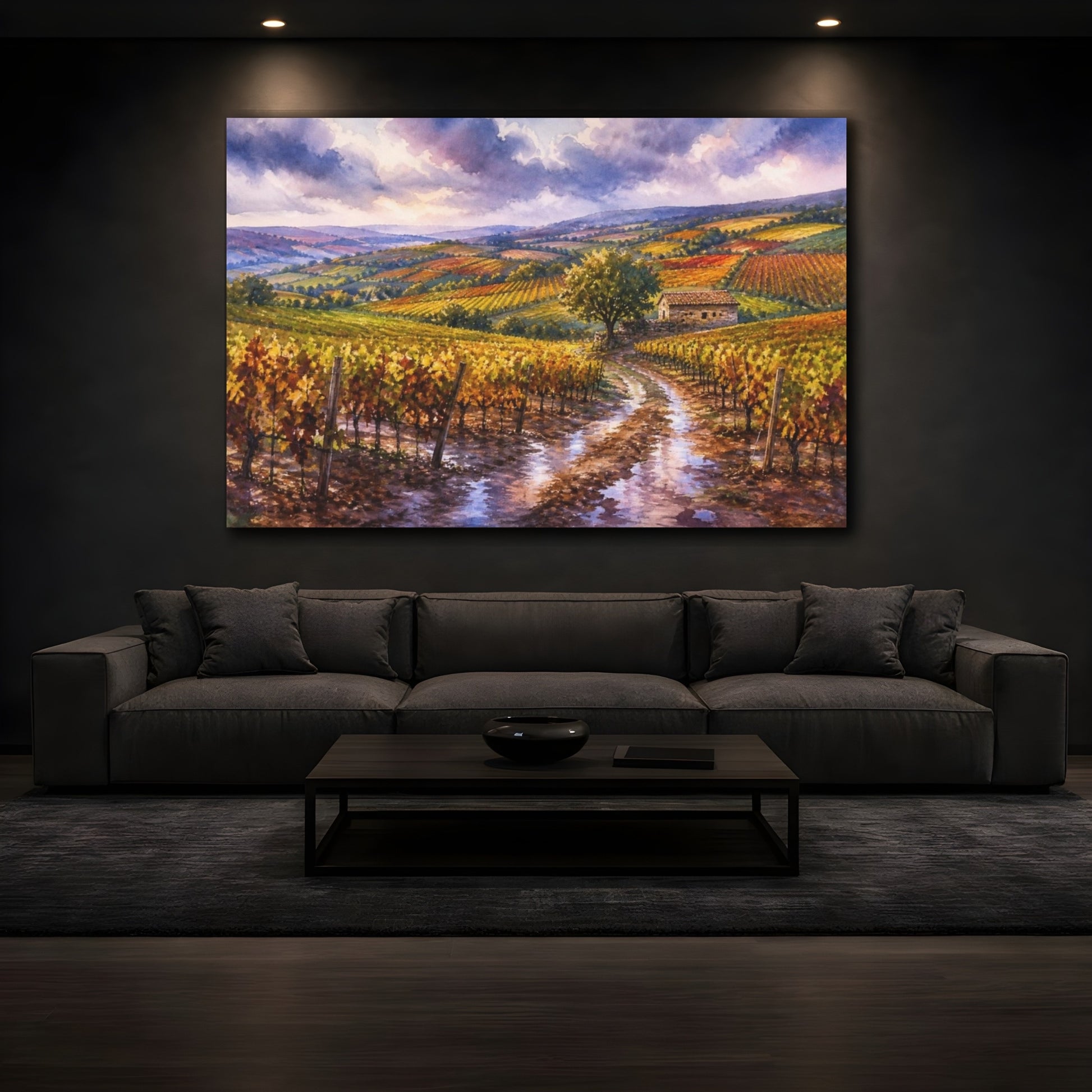 Mockup 3. Golden Vineyards After Rain shown as canvas print