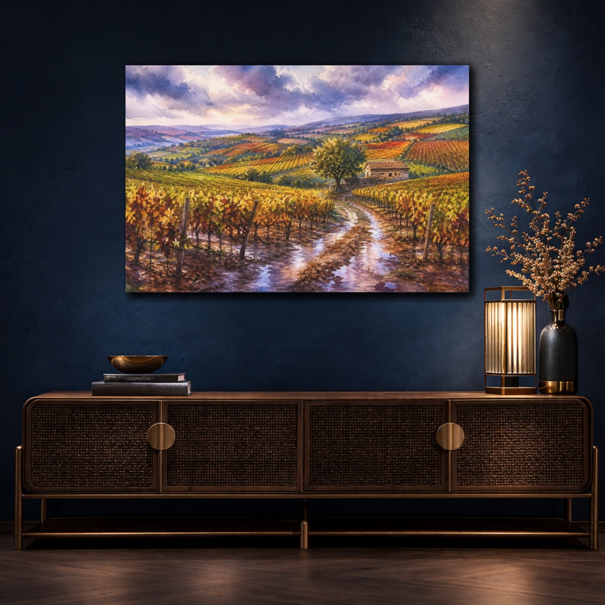 Mockup 4. Golden Vineyards After Rain shown as canvas print