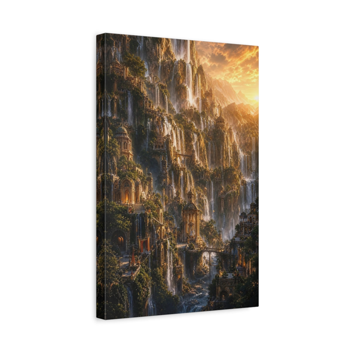 Side Mockup 4. Golden Waterfall City shown as canvas print