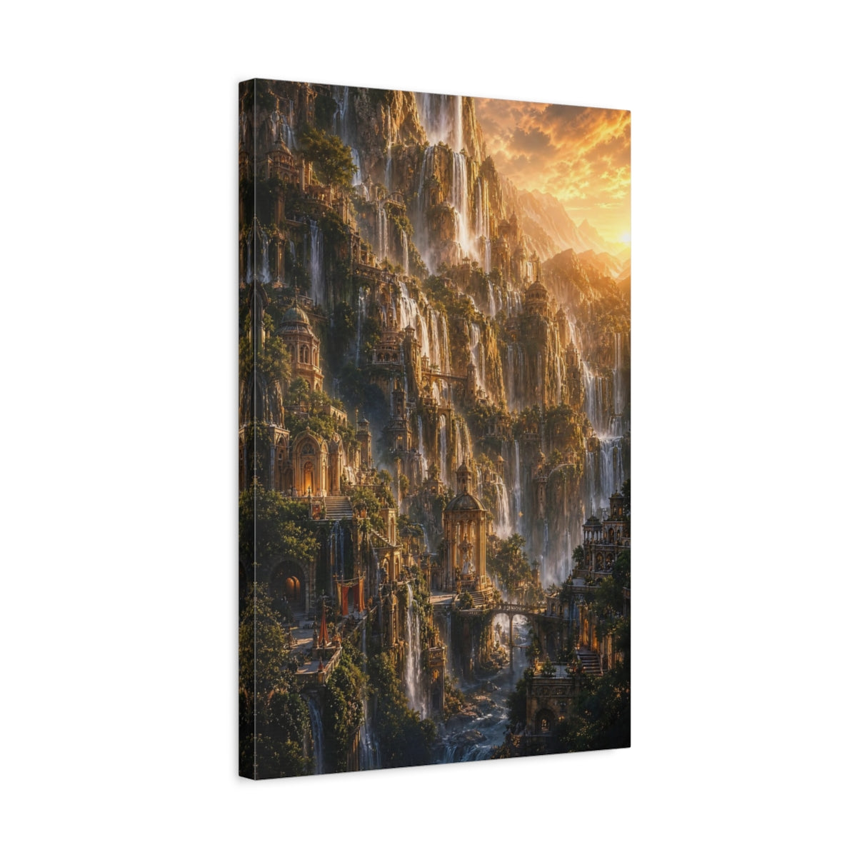 Side Mockup 3. Golden Waterfall City shown as canvas print