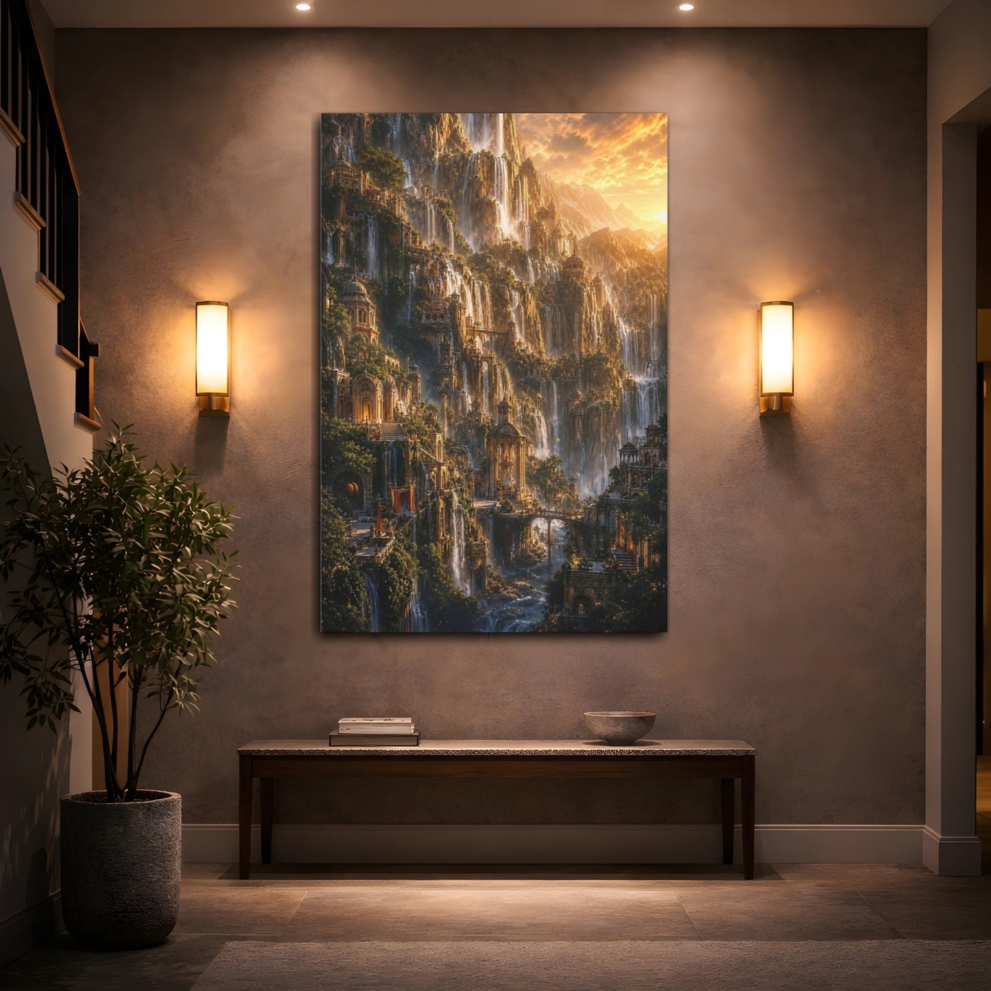 Mockup 2. Golden Waterfall City shown as canvas print