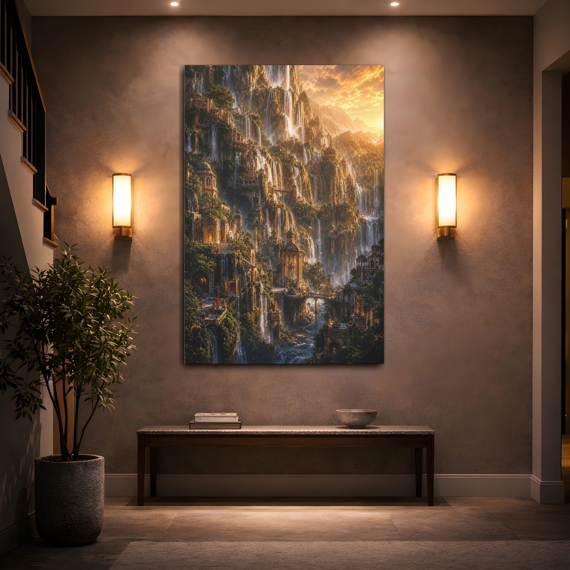Mockup 2. Golden Waterfall City shown as canvas print