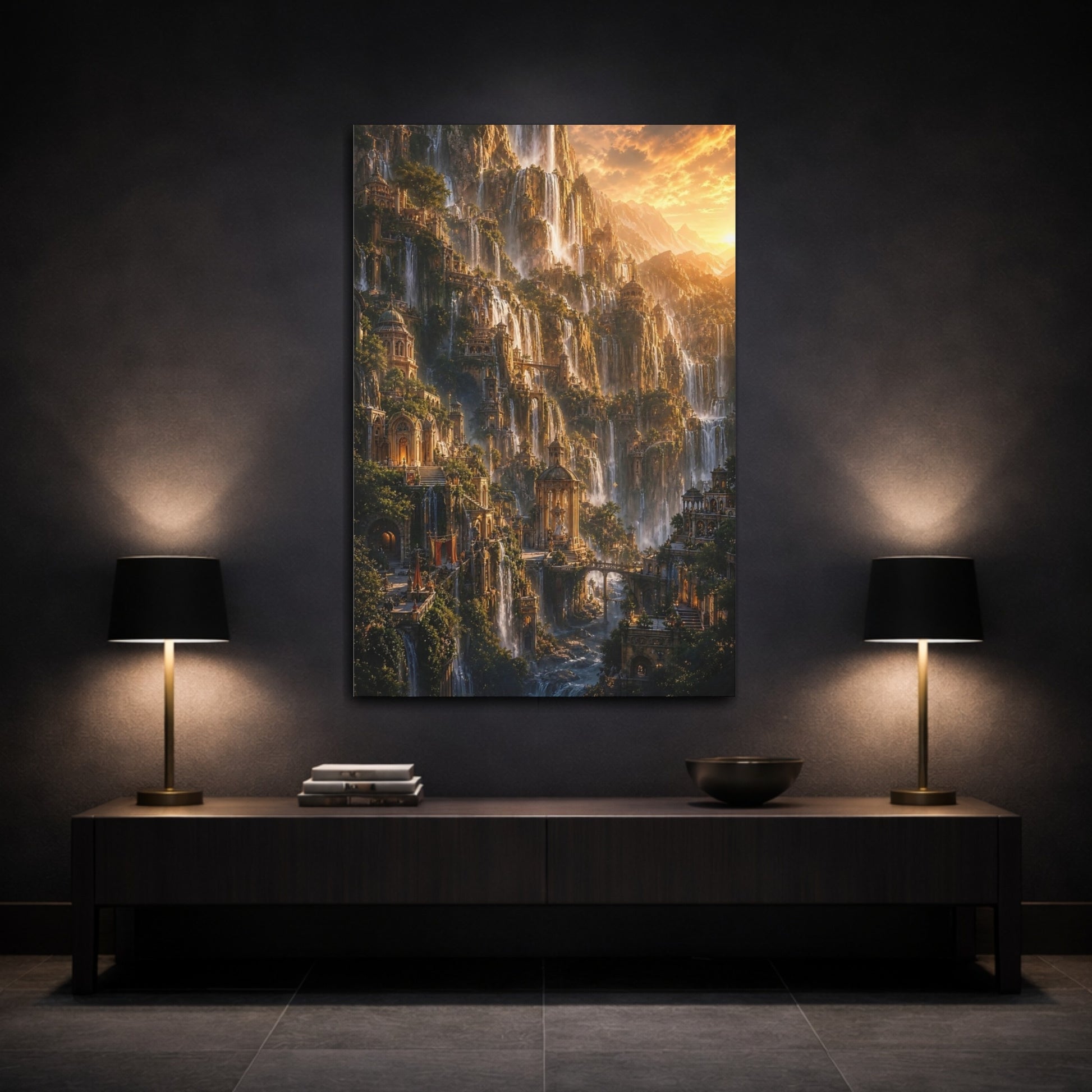 Mockup 3. Golden Waterfall City shown as canvas print