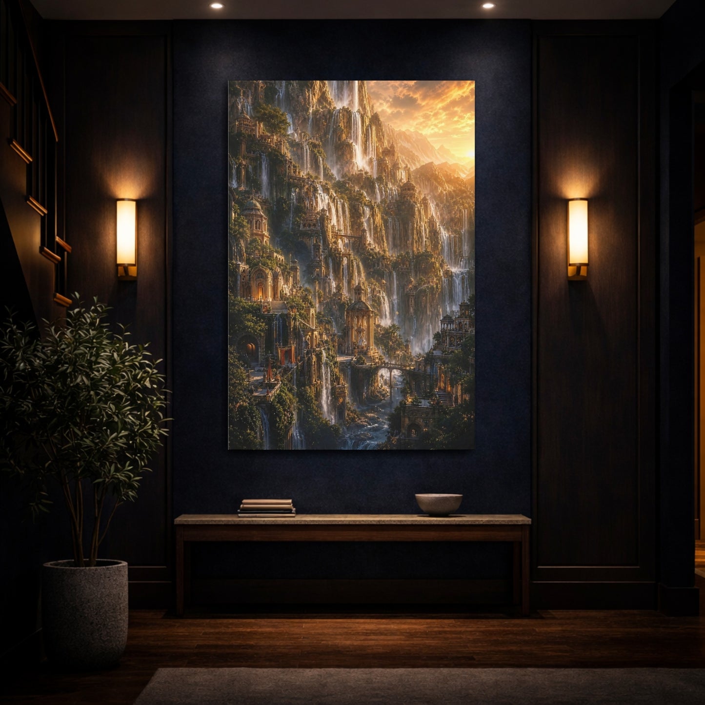 Mockup 4. Golden Waterfall City shown as canvas print